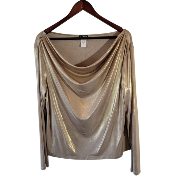 MSK Tops - VTG MSK Gold Metallic Draped Long Sleeve Top Sz XL Minimalist Casual Glam Party